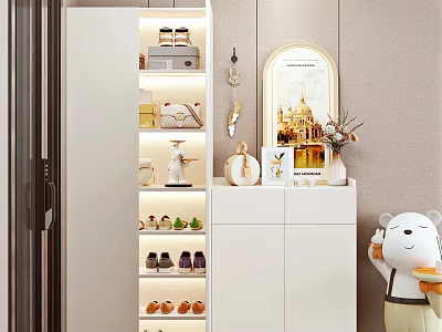 Modern White Shoe Cabinet With Multiple Shelves And Decorative Storage Interior 3d model