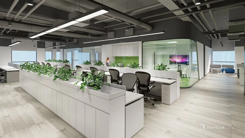 Modern Public Office Space With White Desks Black Chairs Green Plants And Glass Partitions 3d model 