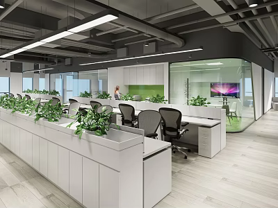 Modern Public Office Space With White Desks Black Chairs Green Plants And Glass Partitions 3d model