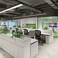 Modern Public Office Space With White Desks Black Chairs Green Plants And Glass Partitions
