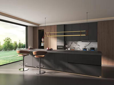 Modern Kitchen Interior Design With Black Cabinets Island Counter Pendant Lighting And Stools 3d model