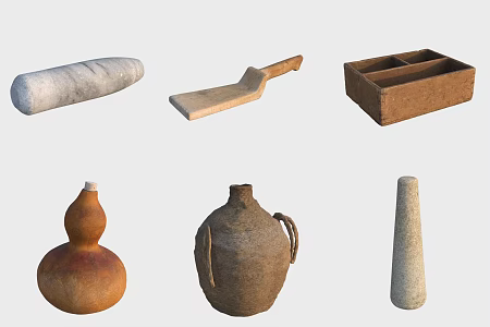 Ancient woodwork kitchen utensils stone mortar spatula gourd hip flask pottery jar 3d model