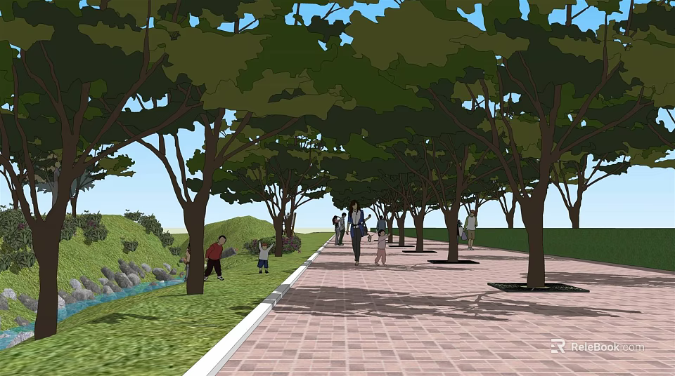 Garden Landscape Featuring Tree Lined Walkway Red Brick Pavement Stream Green Grass And People Walking 3d model 