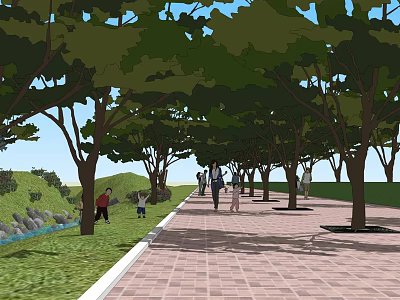 Garden Landscape Featuring Tree Lined Walkway Red Brick Pavement Stream Green Grass And People Walking 3d model