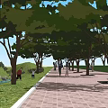 Garden Landscape Featuring Tree Lined Walkway Red Brick Pavement Stream Green Grass And People Walking