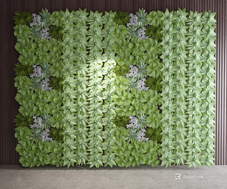 Lush Vine Wall With Green Leaves And Purple Flowers Interior Design 3d model 