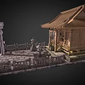 Traditional Ancient Architecture Featuring Torii Gate Wooden Pavilion Tiled Roof Stone Railings and Lanterns