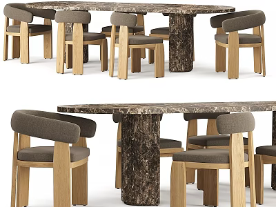 Modern Dining Table And Chairs Set With Marble Tabletop Wooden Frame And Upholstered Seats 3d model