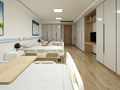 Modern Hospital Room Interior Featuring White Walls Wooden Floors Beds Flowers And TV 3d model