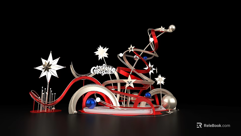 Festive Christmas Decoration With Swirls Stars Merry Christmas Sign And Ornaments 3d model 