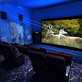 Modern Cinema Hall With Blue Lighting Curved Ceiling Comfortable Seats Projector And Deer Paintings