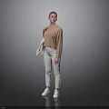 Woman Wearing Brown Top Beige Pants White Sneakers Carrying Beige Bag