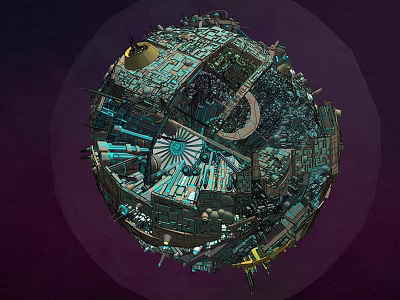 Futuristic Spherical Mechanical Structure With Intricate Details And Vibrant Blue Green Hues 3d model