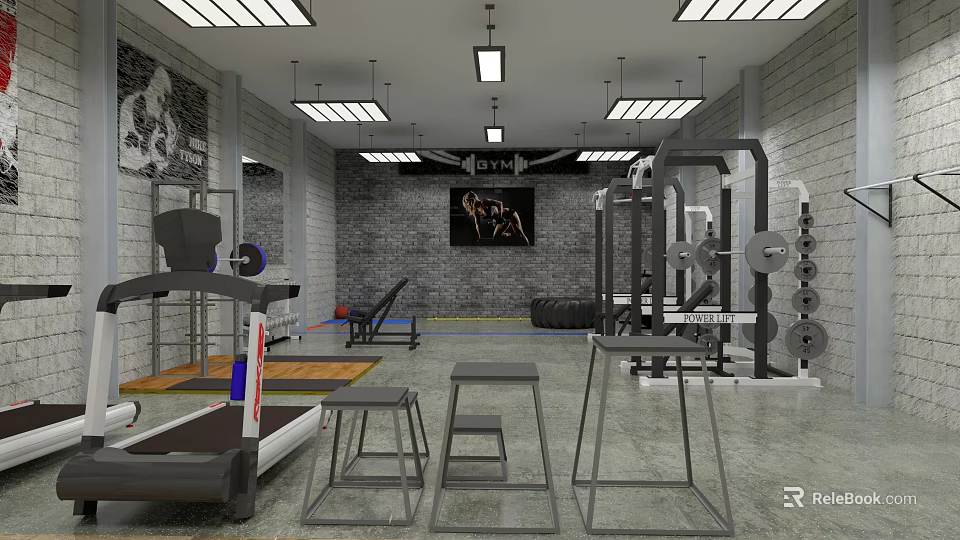 Industrial Gym Interior With Treadmill Barbells Dumbbells Ceiling Lights And Equipment 3d model 