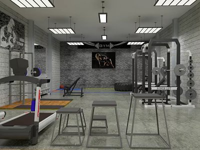 Industrial Gym Interior With Treadmill Barbells Dumbbells Ceiling Lights And Equipment 3d model