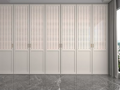 Modern White Storage Cabinets With Perforated Door Design In Indoor Space And Marble Floor 3d model