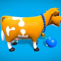 Cartoon Cow With Yellow White Spots Blue Rope Bell Blue Ball Green Grass Blue Background