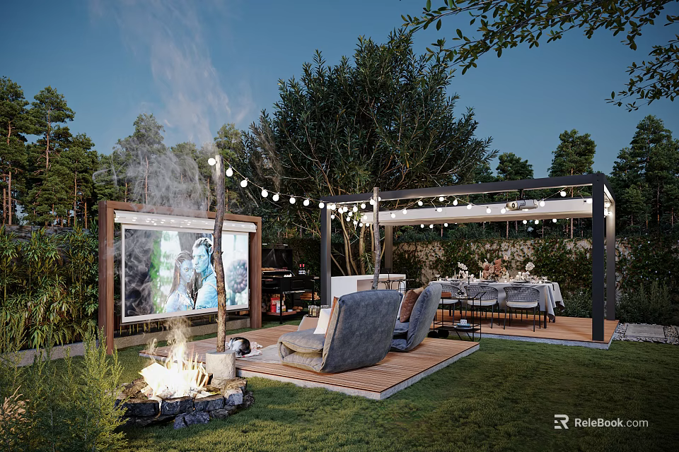 Cozy Outdoor Garden Landscape With Fire Pit Gray Sofa TV Screen And String Lights 3d model 