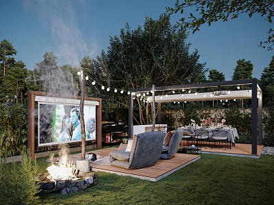 Cozy Outdoor Garden Landscape With Fire Pit Gray Sofa TV Screen And String Lights 3d model