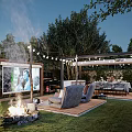 Cozy Outdoor Garden Landscape With Fire Pit Gray Sofa TV Screen And String Lights