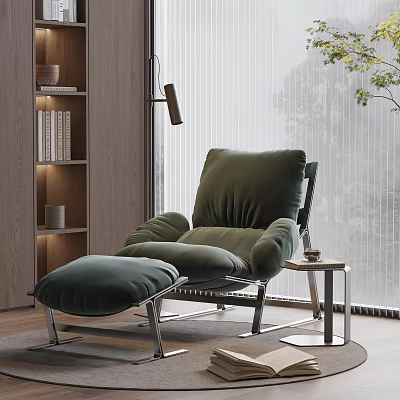 Comfortable Green Velvet Armchair Interior With Ottoman Metal Frame Bookshelf Floor Lamp Window And Plant 3d model