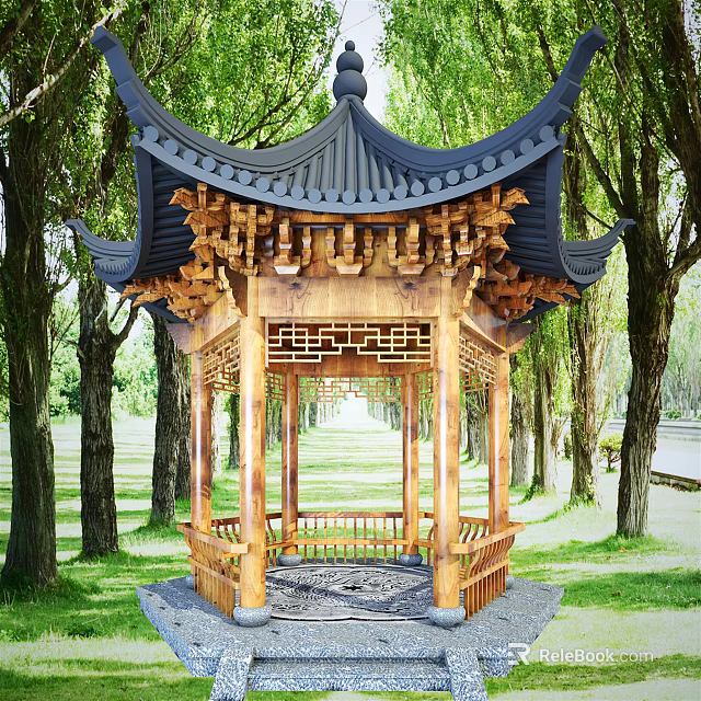 Traditional Chinese Wooden Pavilion With Black Roof And Carved Decorations Among Green Trees 3d model 