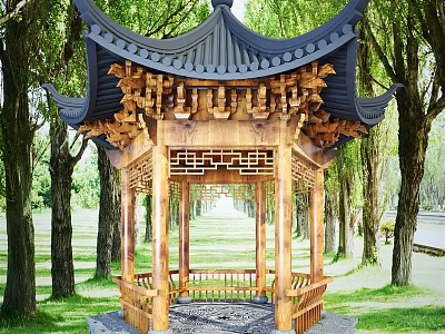 Traditional Chinese Wooden Pavilion With Black Roof And Carved Decorations Among Green Trees 3d model