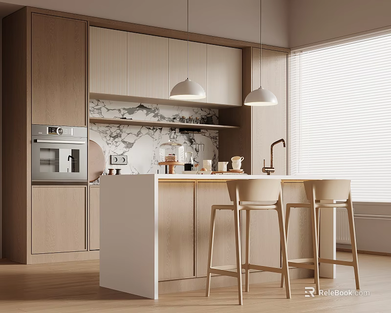 Modern Kitchen Interior With White Island Counter Wooden Cabinets Bar Stools And Pendant Lights 3d model 