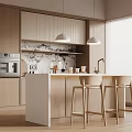 Modern Kitchen Interior With White Island Counter Wooden Cabinets Bar Stools And Pendant Lights