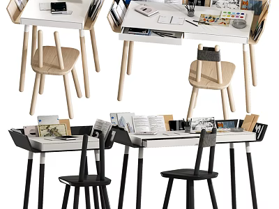 Modern White And Black Desk Design With Wooden Chairs And Stationery Items 3d model