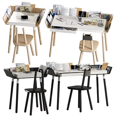 Modern White And Black Desk Design With Wooden Chairs And Stationery Items 3d model