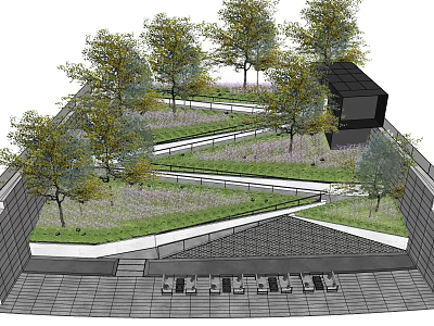 Plaza Landscape Design With Trees Green Grass Winding Paths Black Structure And Seating Area 3d model