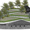 Plaza Landscape Design With Trees Green Grass Winding Paths Black Structure And Seating Area 3d model