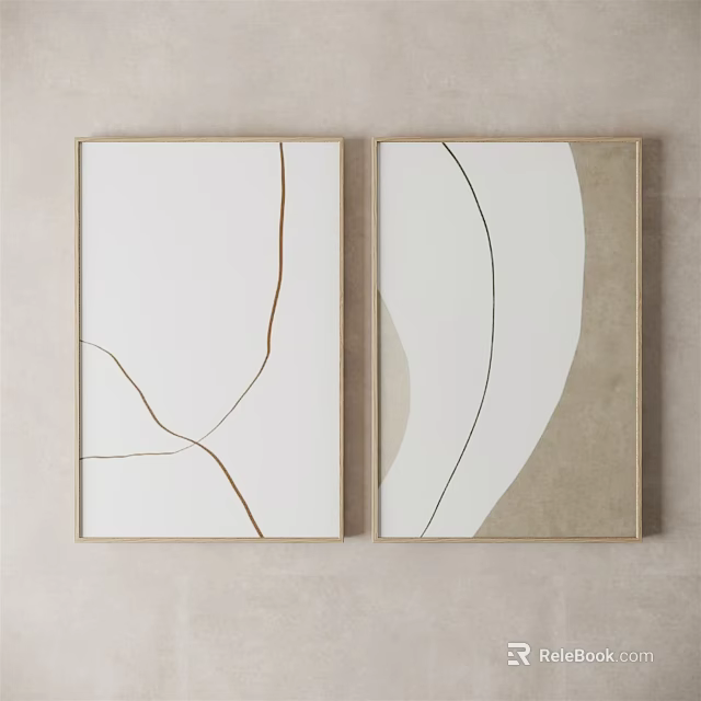 Two Panel Abstract Wall Art with Curved Lines and Neutral Tones 3d model