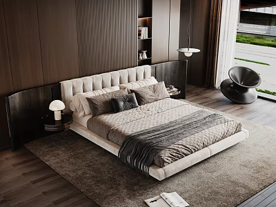 Beige Upholstered Double Bed With Gray Bedding Dark Wooden Walls And Floor To Ceiling Window 3d model