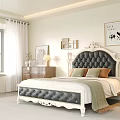 Elegant Double Bed With Tufted Black Headboard White Carved Frame And Bedside Tables