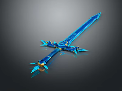 Blue Glowing Sword with Golden Accents and Unique Futuristic Crystal Design 3d model