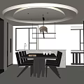 Modern Restaurant Interior With Circular Ceiling Pendant Light Wooden Dining Table And Black Chairs