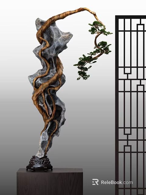 Elegant Chinese Style Decorative Ornament Set With Rockery Pine Branch And Lattice Screen 3d model 