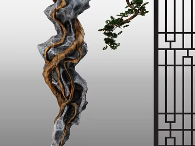 Elegant Chinese Style Decorative Ornament Set With Rockery Pine Branch And Lattice Screen 3d model