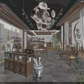 Traditional Teahouse Interior With Wooden Furniture Decorative Chandelier And Display Cabinets