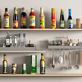 Condiment Bottles with Various Colored Labels on Wooden Shelves and Kitchen Utensils Hanging Nearby
