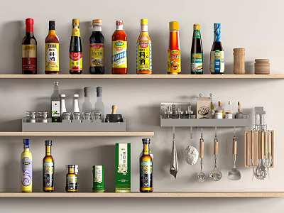 Condiment Bottles with Various Colored Labels on Wooden Shelves and Kitchen Utensils Hanging Nearby 3d model