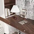 Modern Home Office Desk With White Cabinet Marble Wall Curtain And Chair With Plaid Blanket