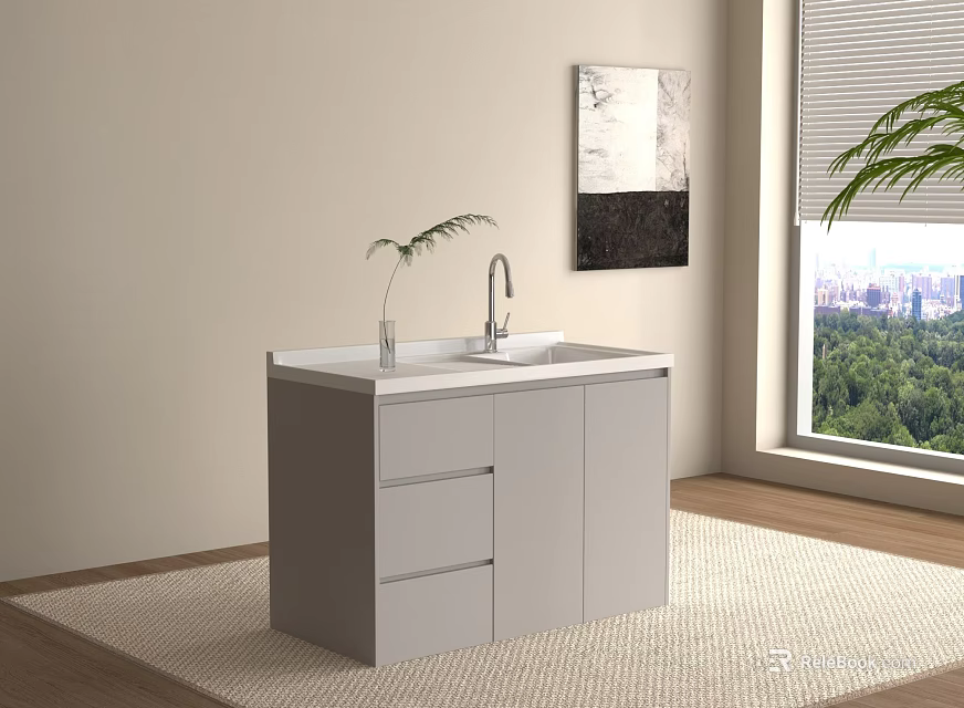 White Bathroom Vanity With Sink Faucet And Small Plant Near Window With Green View 3d model 