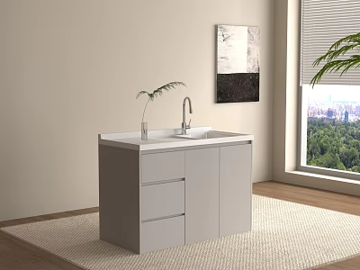 White Bathroom Vanity With Sink Faucet And Small Plant Near Window With Green View 3d model