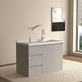 White Bathroom Vanity With Sink Faucet And Small Plant Near Window With Green View