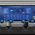Control Room With Large Display Wall Showing Data Charts World Map Multiple Workstations And Monitors 3d model