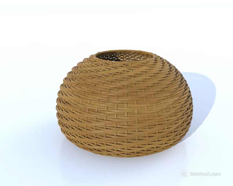 Handmade Woven Rattan Storage Basket With Round Shape And Natural Open Top Design 3d model 