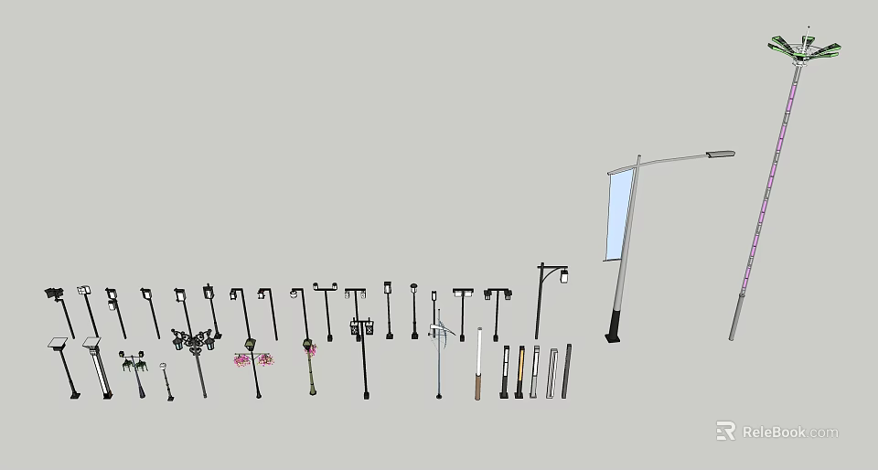 Outdoor Lights With Different Lamp Post Designs And Various Exterior Fixture Styles 3d model 